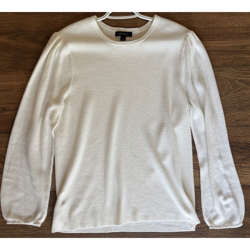 Ann Taylor Ivory Puff Sleeve Sweater Women’s XL Cotton Modal Crewneck